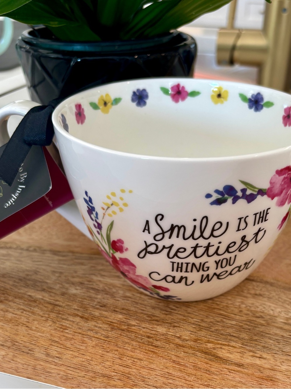 Floral White Large Ceramic Mug with Inspirational Quote